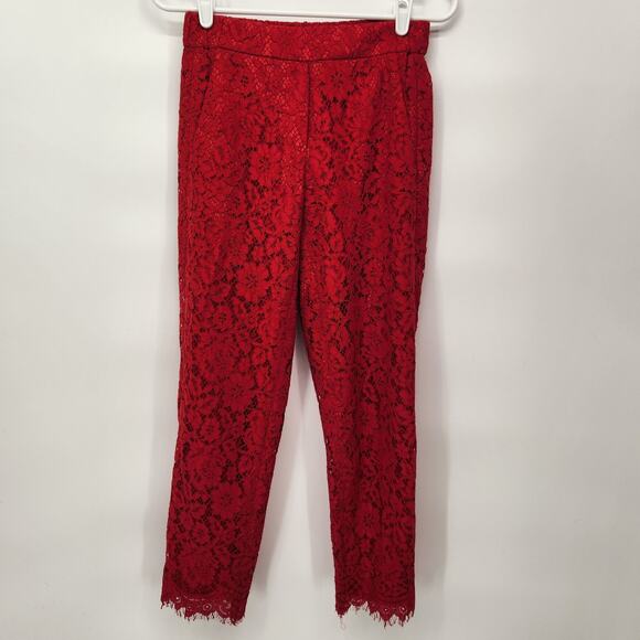 J. Crew Red Lace Floral Easy Skinny Pull On Ankle Pants Women's 00 - Picture 1 of 11